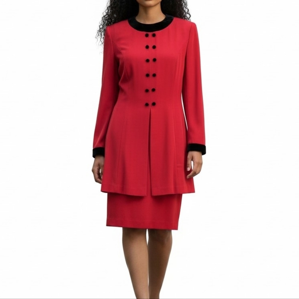 Danny Nicole Midi Jacket Dress Size 10 Red Black Velvet Buttons Trim Vintage 90s